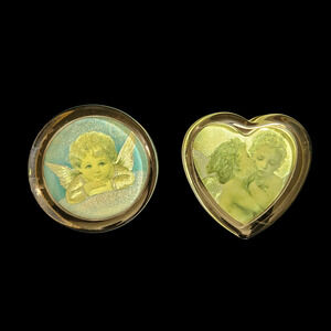 Vintage Angel Paperweights Pair Round & Heart Lucite Cherub Art